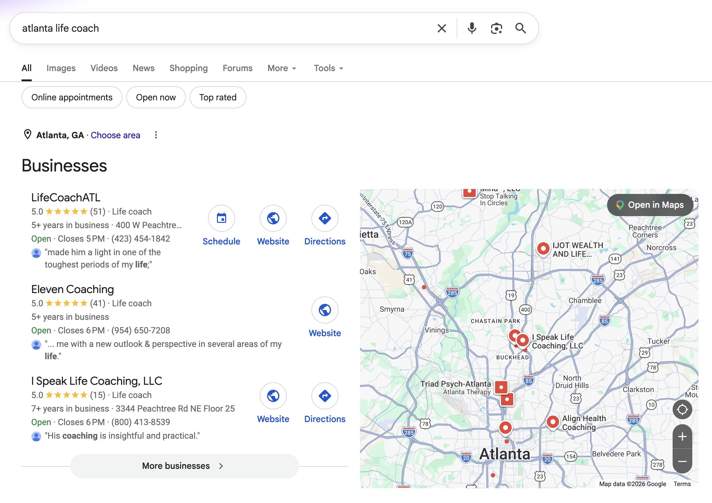 Local SEO Search Results for Atlanta Life Coach