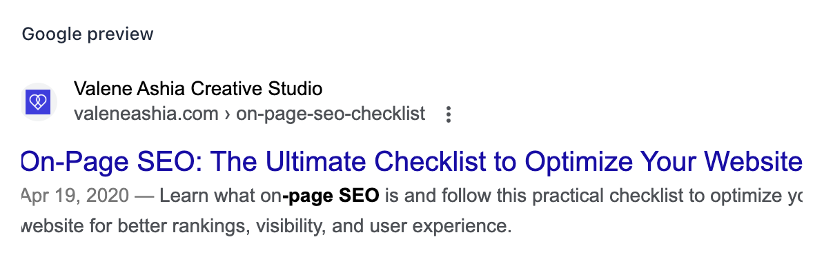 A preview of our on-page SEO blog headline on Google