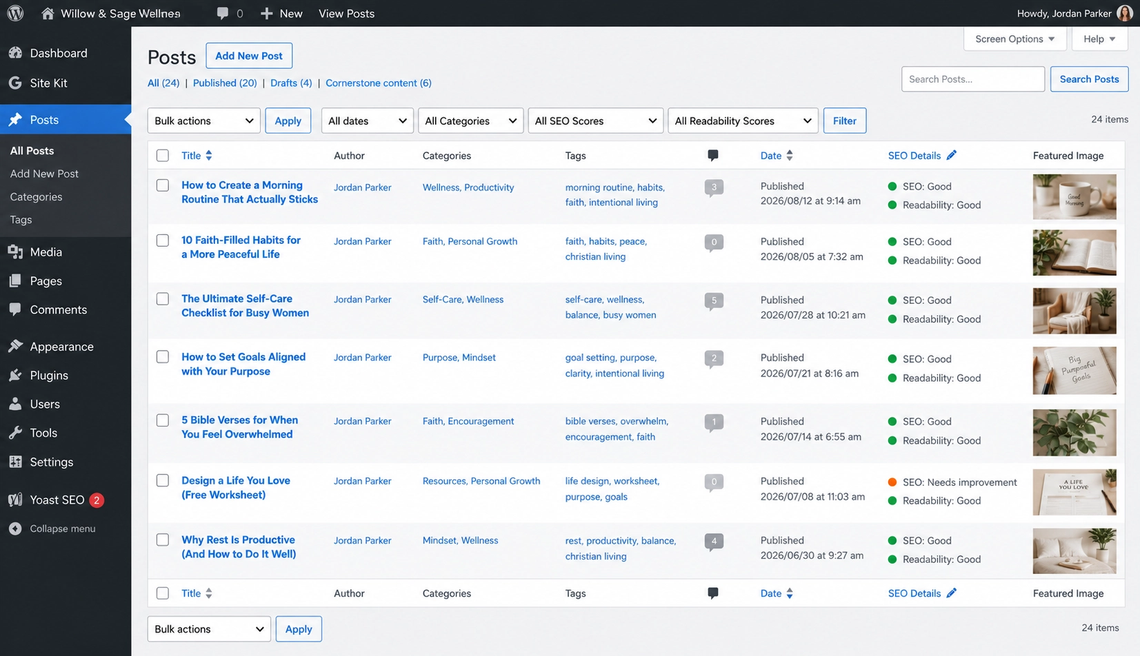 WordPress website dashboard